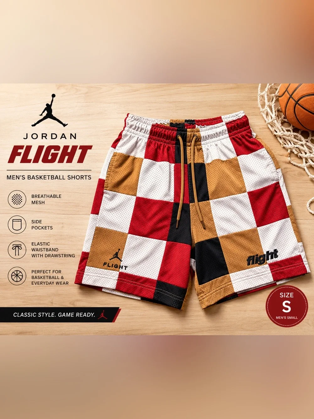 Jordan Flight Men’s Patchwork Mesh Basketball Shorts Red White Tan Size S